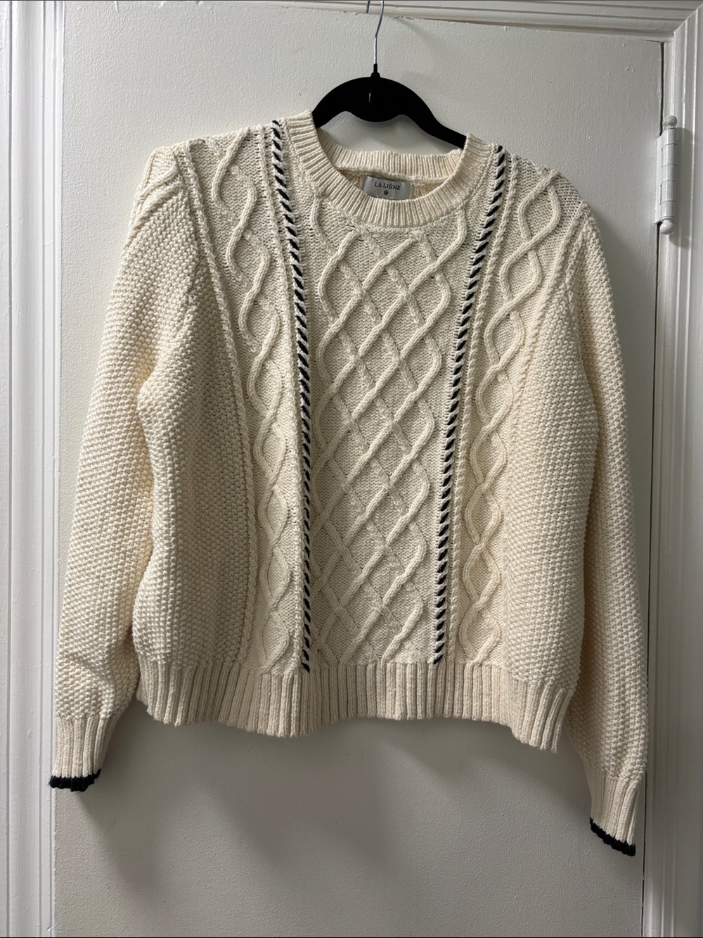 La Ligne Cream Cable-Knit Crewneck Sweater with Black Contrast Trim